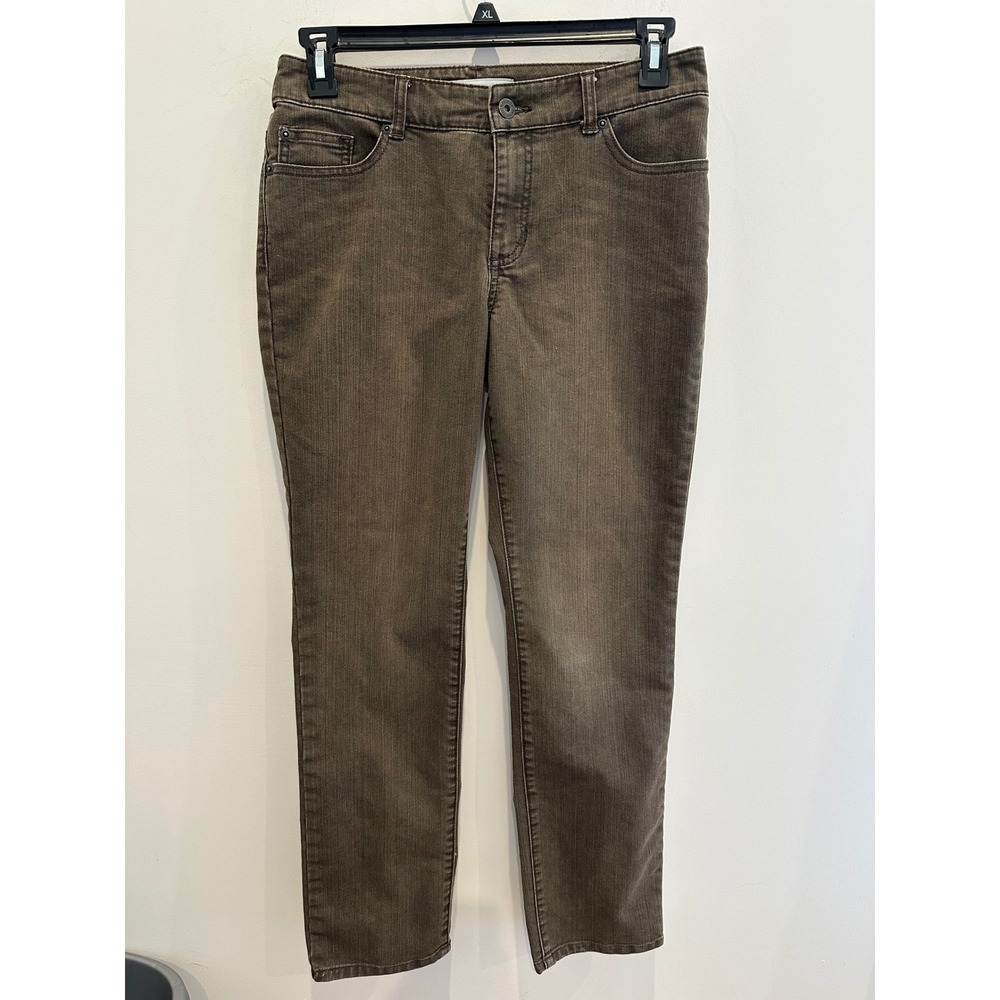 Chicos Platinum Denim Jeans Size 1 /Size 8 Reg Olive Brown Straight Leg - Picture 2 of 7